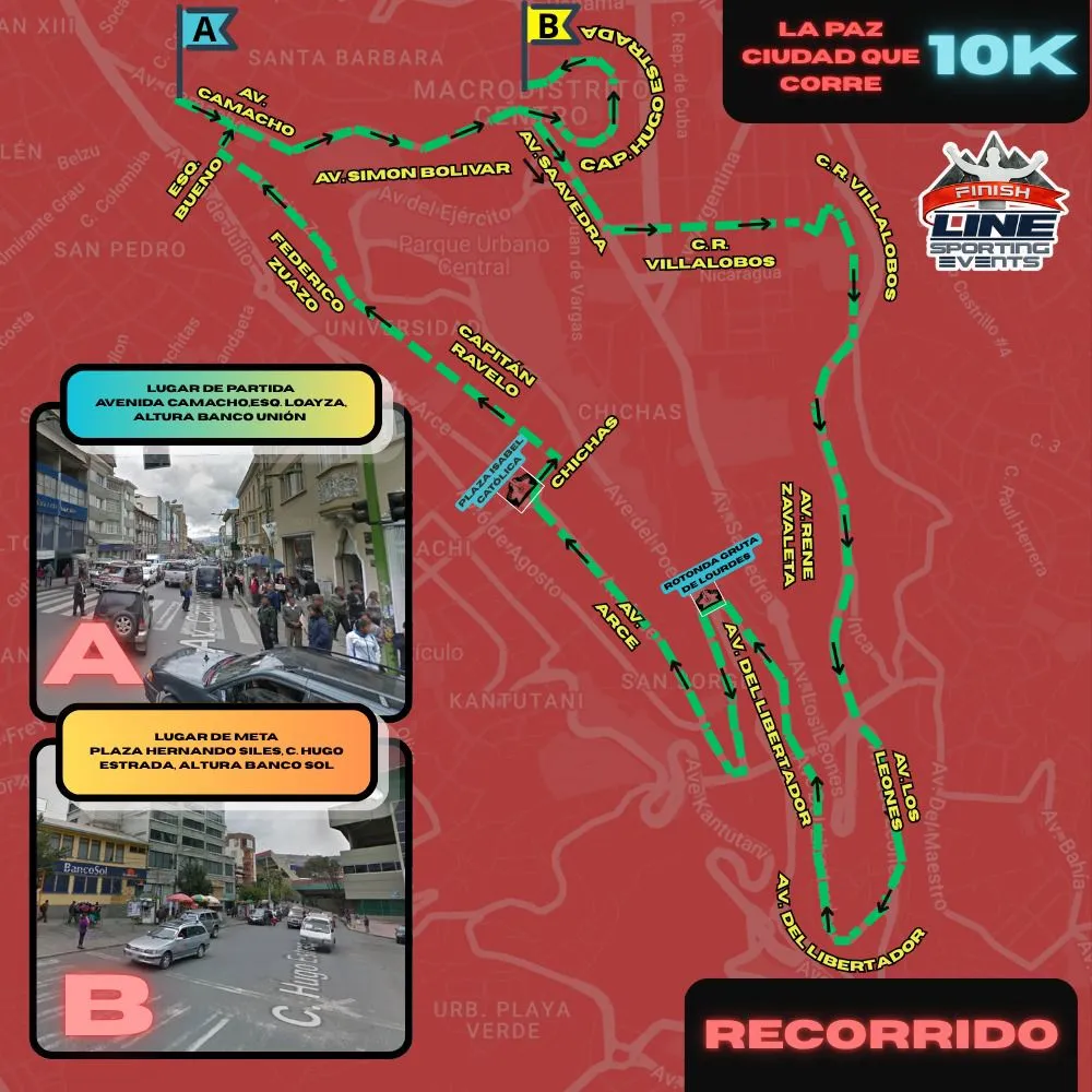 Mapa del recorrido oficial de 10 KM por el centro de La Paz: partida en Av. Camacho, altura Banco Unión y meta en Plaza Hernando Siles, altura Banco Sol.