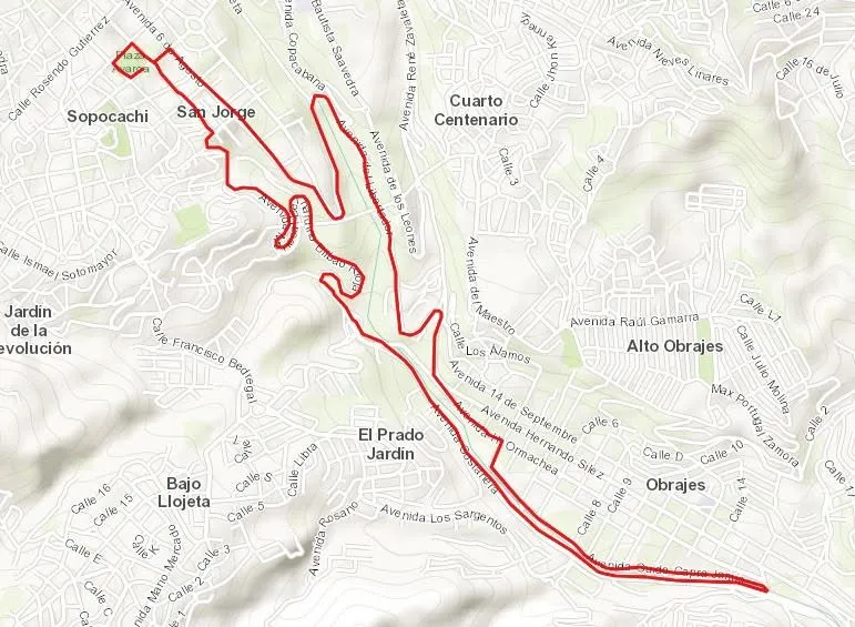 Mapa del recorrido de Renacer: circuito que sale de la Plaza Avaroa, en Sopocachi, baja por la avenida Costanera hacia Obrajes y vuelve al mismo punto.